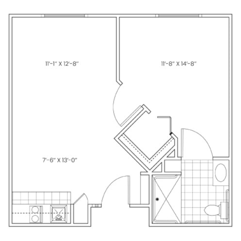 Floor plan for 1 bed, 1 bath, 503 sqft